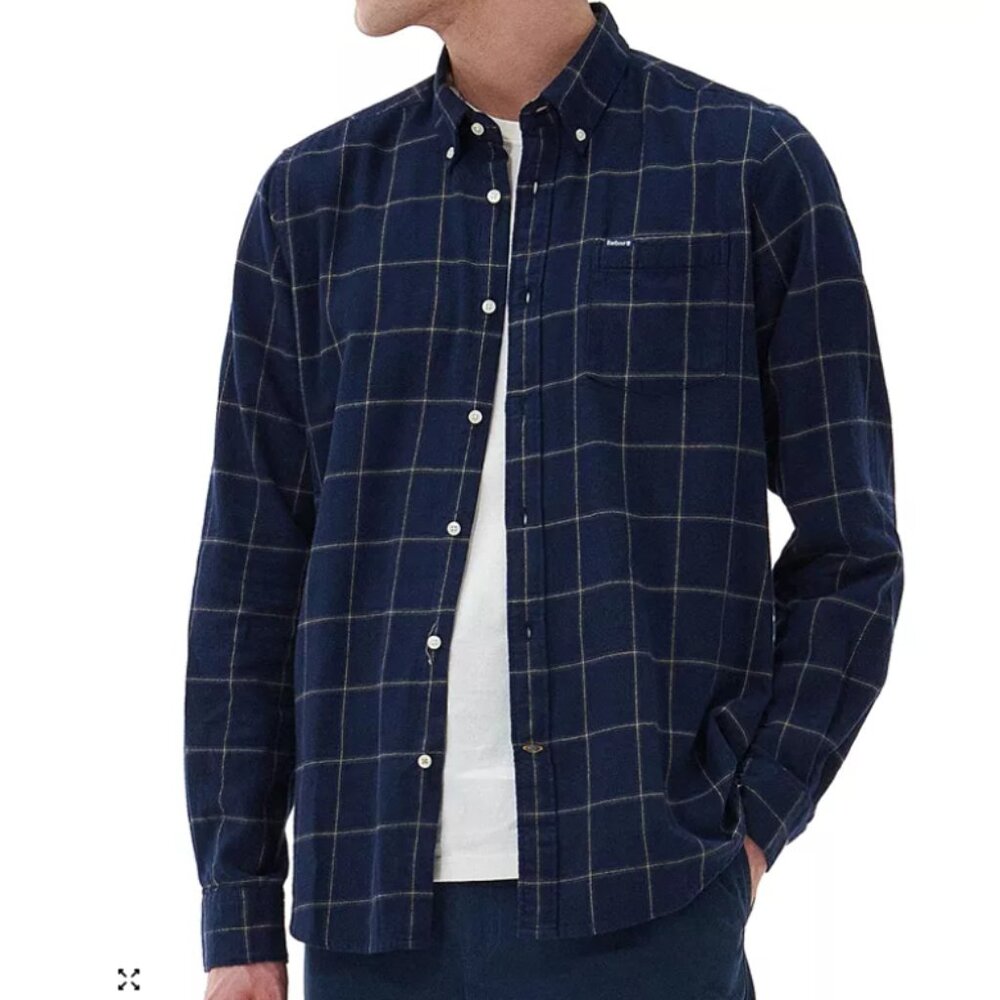 Barbour Acorn Windowpane Tailored Button Down Shirt, Navy Cotton - Mens US XL